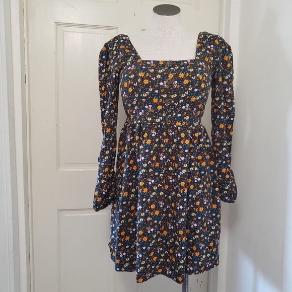 Mudd Floral Pink & Blue Square Neck Line Long Sleeve Women's Dress Size S - Picture 1 of 8